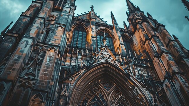 A Low Angle View of an Ornate Gothic Church Facade - Powered by Adobe