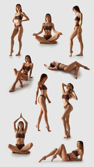 Woman in brown two-piece set poses confidently in various yoga and relaxed postures. Her calm and composed demeanor reflects fitness and inner peace. Concept of body care, health, body positivity. Ad