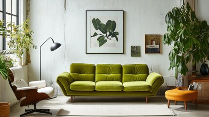 Scandinavian-inspired setup with a lime green sofa, a comfortable armchair, and a poster frame on a crisp white wall.