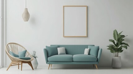 Scandinavian-style living room with a teal sofa, wooden chair, and a blank poster frame on a white background wall.