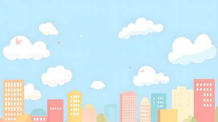 Flat vector illustration of a city skyline, with simple flat shapes, a light blue background, and sky and clouds in the background