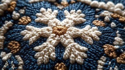 Fototapeta premium Intricate Embroidery Design with a White Snowflake Motif on a Blue Background