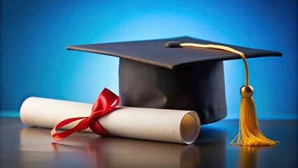 graduation cap and diploma on blue background