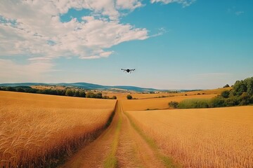 Fototapeta premium Drone Over Wheat Field with Summer Landscape. AI generated illustration