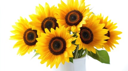 Fototapeta premium Sunflowers in a simple white vase, their bright yellow petals and dark centers contrast beautifully against a white background.