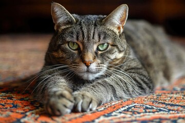 A Tabby Cat with Green Eyes Rests on a Patterned Rug
