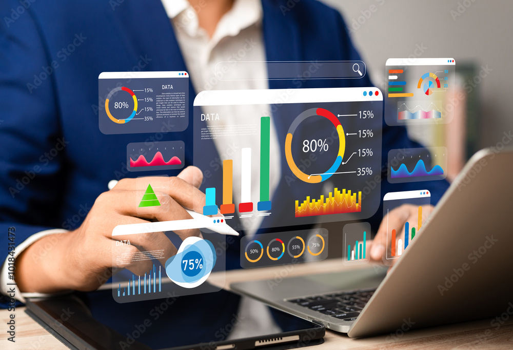 Poster Data analyst using computer and dashboard for business analysis, Managing big data and KPI metrics for financial, Marketing, and Operational insights using advanced technology platforms