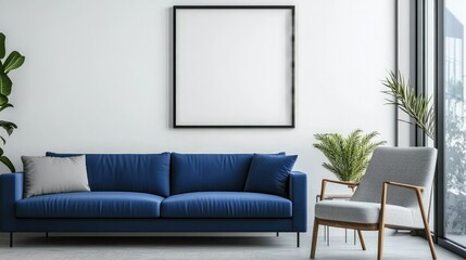 Vibrant blue couch and simple gray chair set against a white background, with a modern poster frame on the wall.
