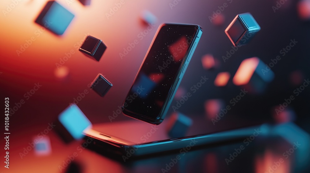 Poster virtual security blocks floating around a smartphone, representing blockchain technology in 3d.