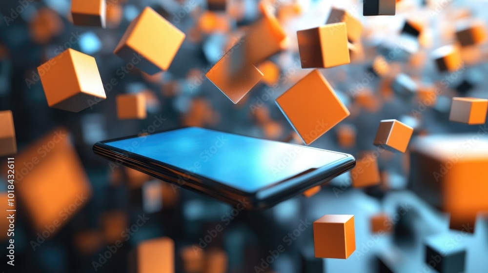 Poster virtual security blocks floating around a smartphone, representing blockchain technology in 3d.