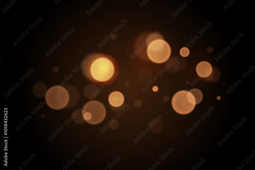 Poster sparkling golden particles, glowing bokeh lights isolated on dark transparent background