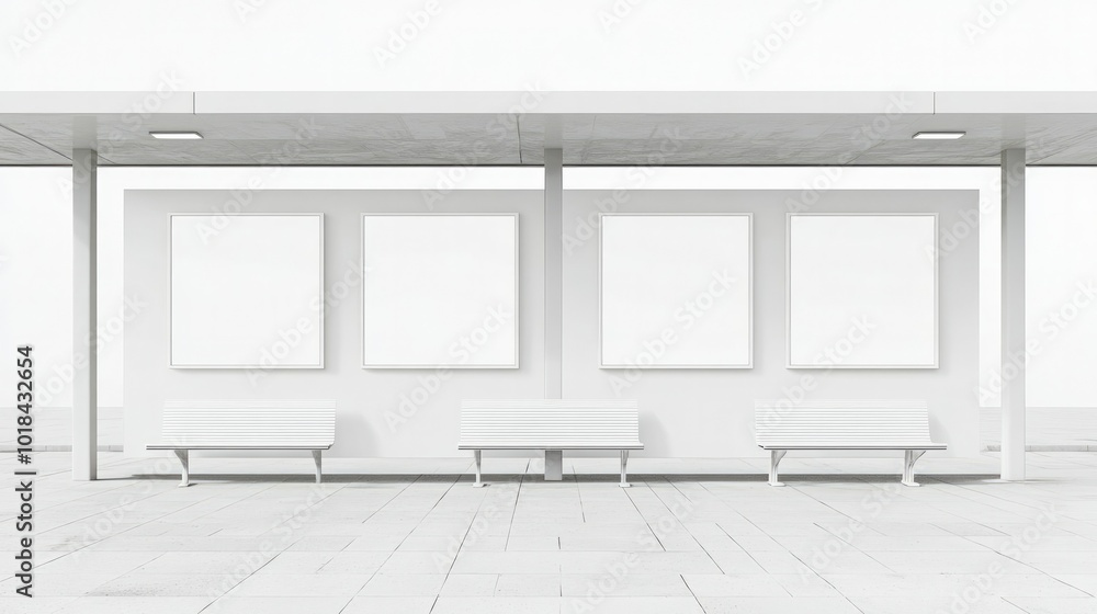 Poster white mockup frames lined up at a bus stop on a clean white background, ideal for showcasing ad conc
