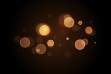 Sparkling golden particles, glowing bokeh lights isolated on dark transparent background