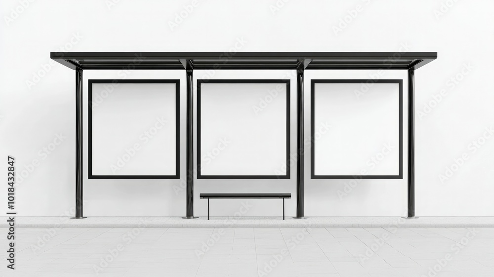 Poster white mockup frames lined up at a bus stop on a clean white background, ideal for showcasing ad conc