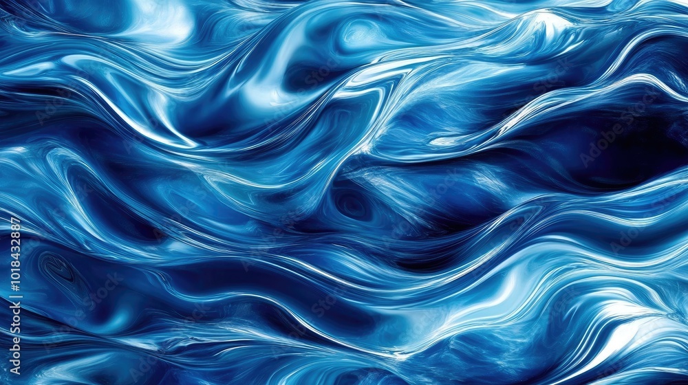 Poster vivid blue abstract wave patterns forming a seamless horizontal template, emphasizing fluidity and m