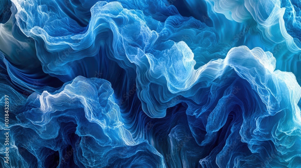 Poster vivid blue abstract wave patterns forming a seamless horizontal template, emphasizing fluidity and m