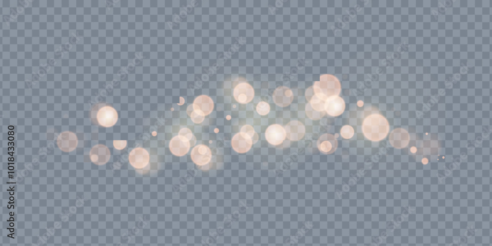 Poster Sparkling golden particles, glowing bokeh lights isolated on dark transparent background