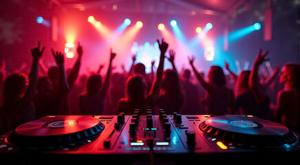 A DJ booth with a crowd of people dancing and singing