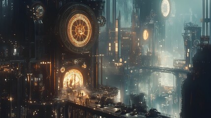 Ornate Steampunk Clockwork Mechanisms in Moody Futuristic Cityscape with Glowing Brass Accents
