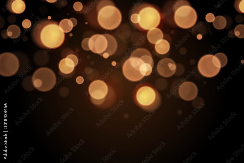 Poster sparkling golden particles, glowing bokeh lights isolated on dark transparent background
