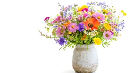 Wildflower arrangement with a variety of colorful blooms in a vintage vase on a bright white background.