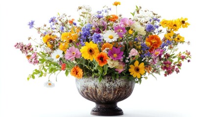 Wildflower arrangement with a variety of colorful blooms in a vintage vase on a bright white background.