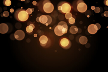 Sparkling golden particles, glowing bokeh lights isolated on dark transparent background © Alesya