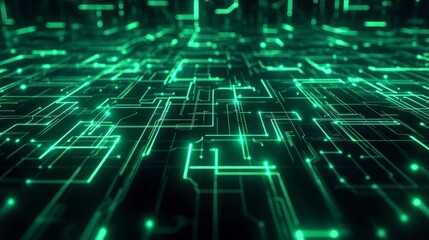 Glowing green lines intersecting in a geometric pattern, resembling a circuit board or digital interface on a dark backdrop.