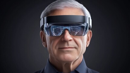 A Glimpse into the Future: Senior man looking ahead, wearing futuristic augmented reality glasses, embodying innovation, progress, and technological advancement.