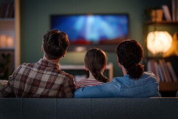 family watching  TV in the evening at home