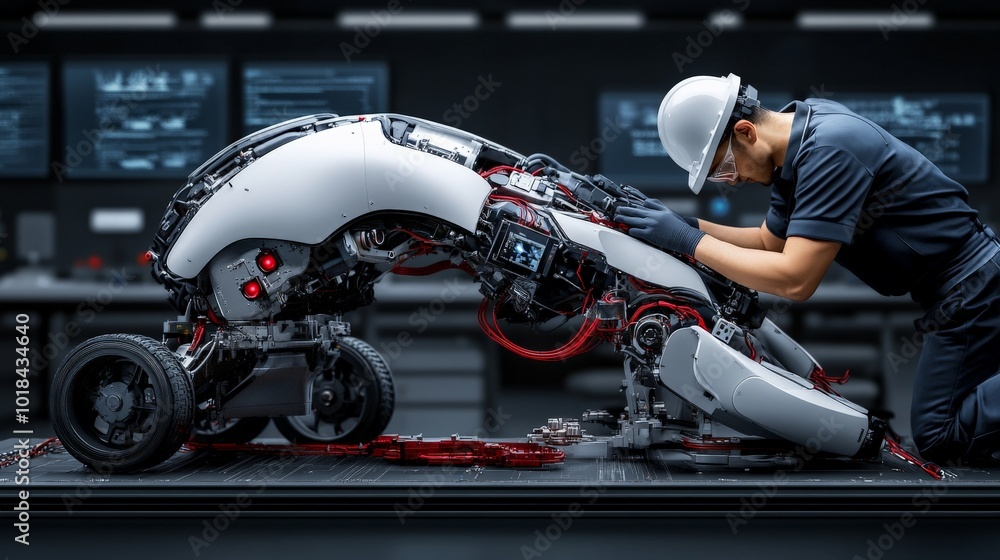 Aufkleber technologist servicing robot: a focused engineer meticulously maintains a sophisticated robot in a h