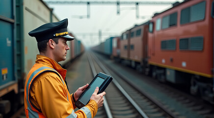 A man in a yellow jacket is standing on a train track with a tablet in his hand