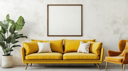 A bright yellow sofa with a cozy armchair next to it, accompanied by a minimalist poster frame on a plain white wall.