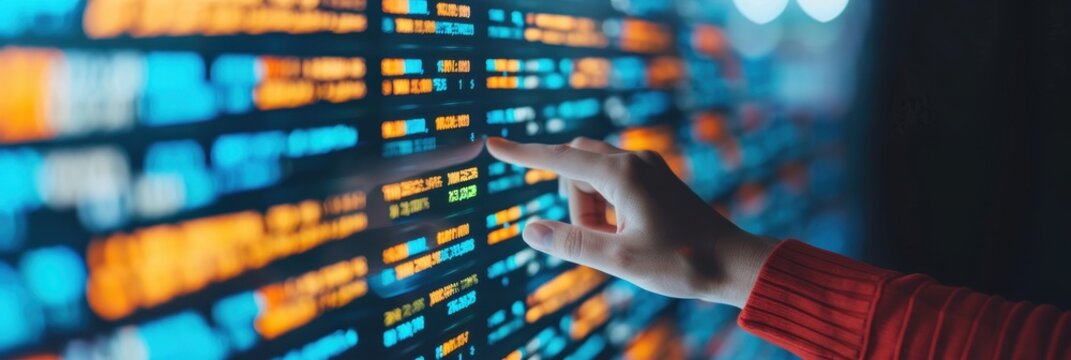 Hand pointing at data on a digital screen with colorful information in the background