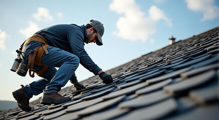 A man is working on a roof, fixing a shingle