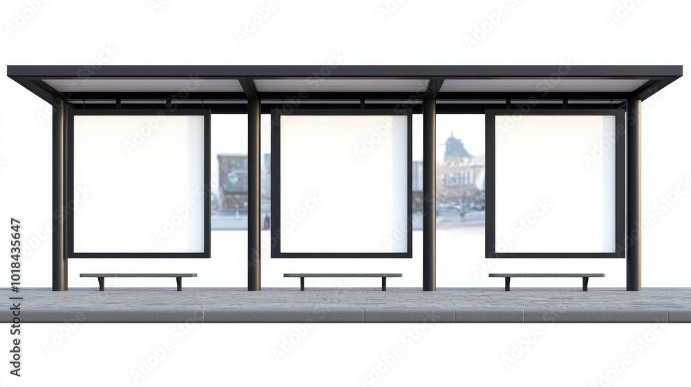 Poster a bus stop with multiple blank white mockup posters, isolated on a white background for design and a