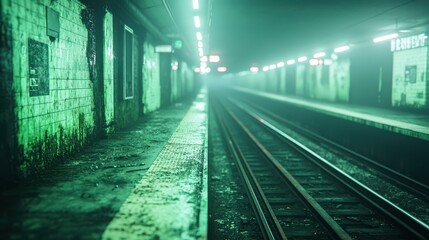 Mysterious fog-laden underground subway station with green-lit surroundings and deserted platform at night