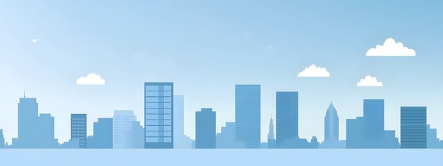Flat vector illustration of a city skyline, with simple flat shapes, a light blue background, and sky and clouds in the background