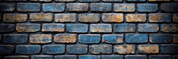 Obraz premium A weathered brick wall with a blend of blue, yellow, and dark grey hues, showcasing the passage of time and the resilience of building materials.