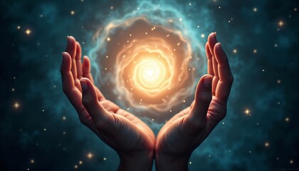Healing hands holding a glowing orb of light in a cosmic background
