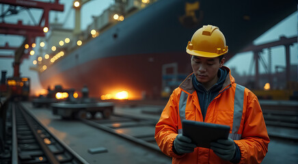 Obraz premium The scene is set in a dockyard, with a large ship in the background
