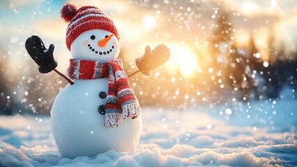 Merry christmas and happy new year greeting card with copy-space.Happy snowman standing in winter christmas landscape.Snow background - Powered by Adobe