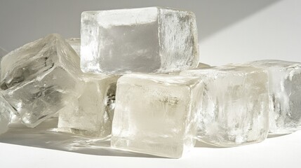 Obraz premium A close-up of clear ice blocks stacked on a white surface, glistening in the light, perfect for illustrating the cooling effects of ice in beverages and cocktails.