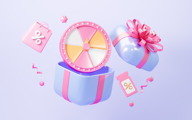 Spinning wheel with gifts, discount coupons, marketing discount promotion concept, 3d rendering.