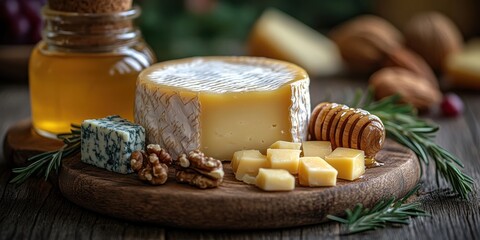 A round of creamy brie cheese, accompanied by cubes of cheddar and a wedge of blue cheese, all arranged on a wooden serving board with rosemary sprigs and a honey dipper
