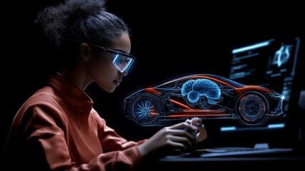 Virtual Reality Car Design: A young female engineer wearing VR goggles intently works on a 3D model of a sleek, futuristic car. The image evokes a sense of innovation, cutting-edge technology.
