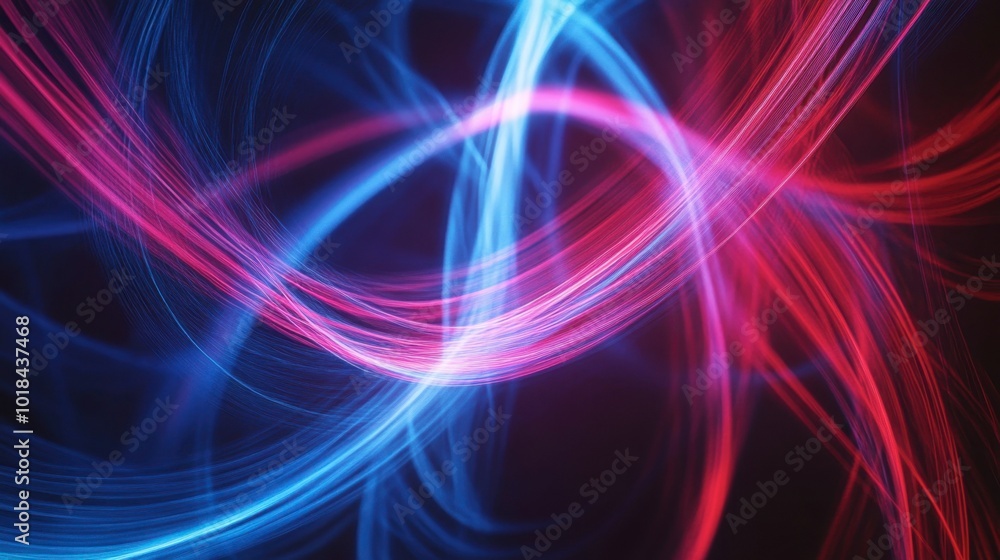 Poster glowing lines in red and blue crossing each other, forming an abstract light pattern with a sense of
