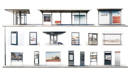 A collage of bus stop photos showcasing various locations and settings, all on a clean white background for a cohesive look.