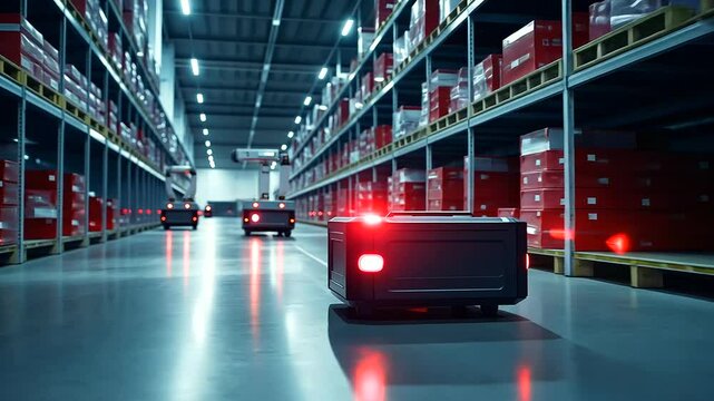 Robots equipped with sensors and cameras navigating a high-tech warehouse, ensuring accuracy and speed in fulfilling orders