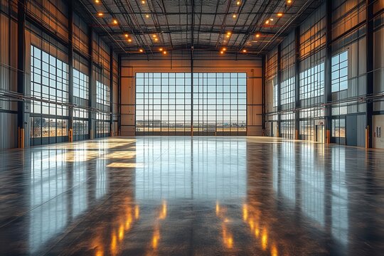 interior view of a clean modern empty warehouse featuring expansive space and high ceilings bathed in bright light that highlights the simplicity and efficiency of industrial design